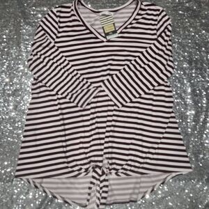 Reborn J Burgundy and White Striped V-Neck Long Sleeve Top